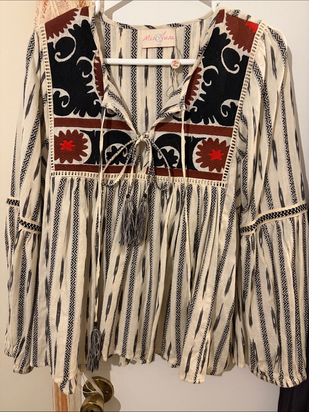 Cream & Black Embroidered Peasant Top